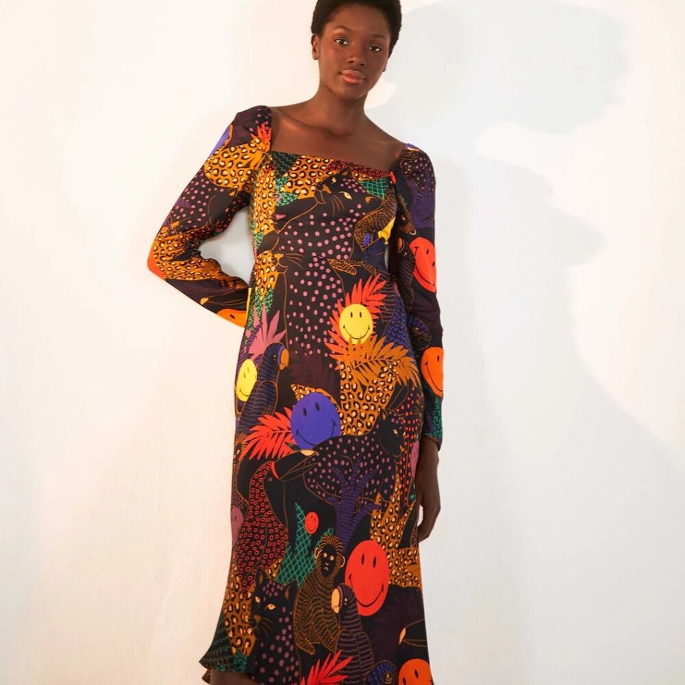 NWT Farm Rio Pop jungle smiley midi dress L